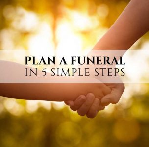 Plan A funeral in 5 simple steps with two hands holding in the background